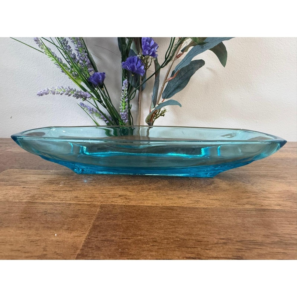 Hazel Atlas Capri Blue Relish Dish Mid Century Glass Serving Tray Vintage